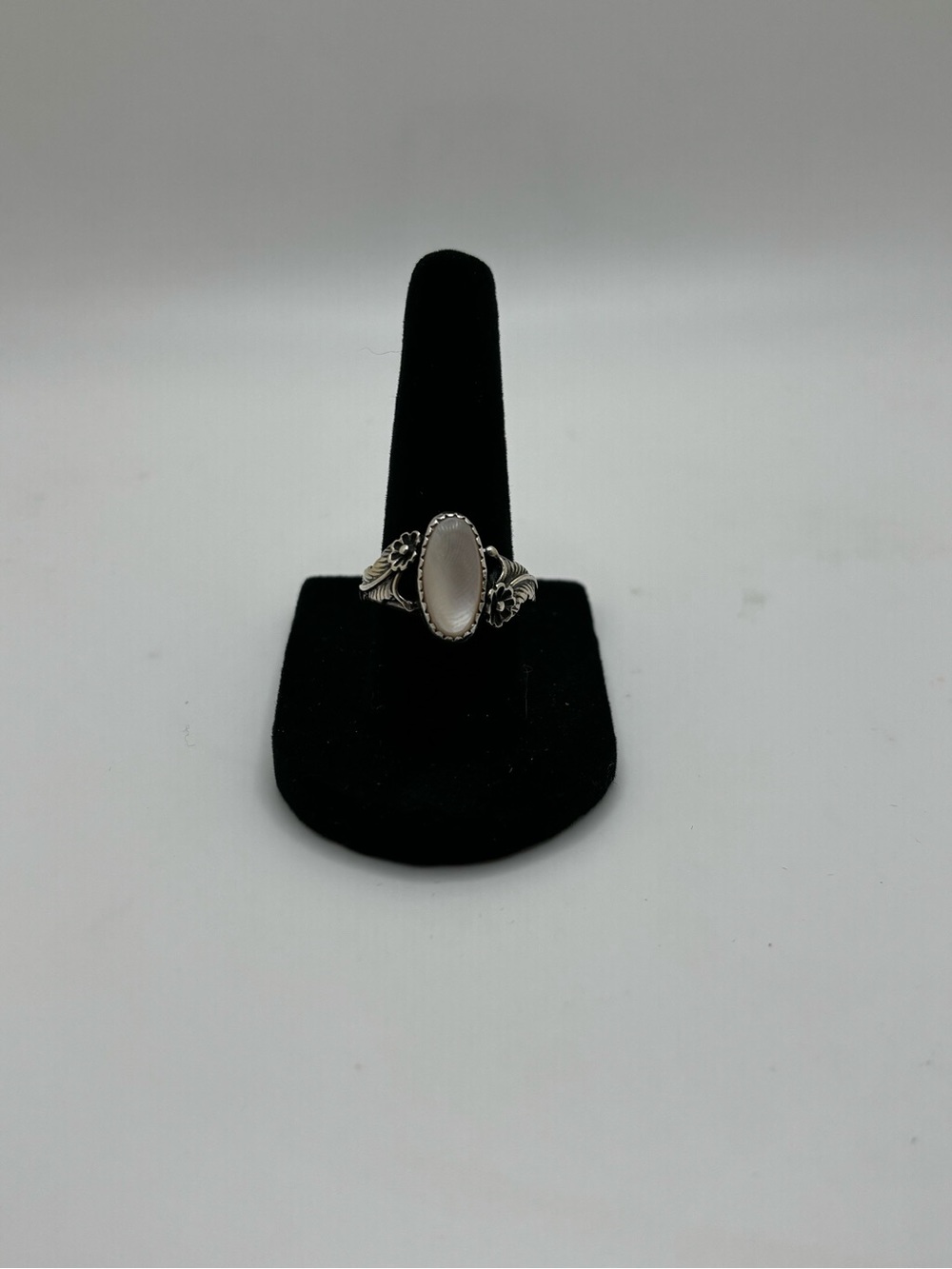 Sterling Silver White Opal Oval Ring - Elegant Floral Accent